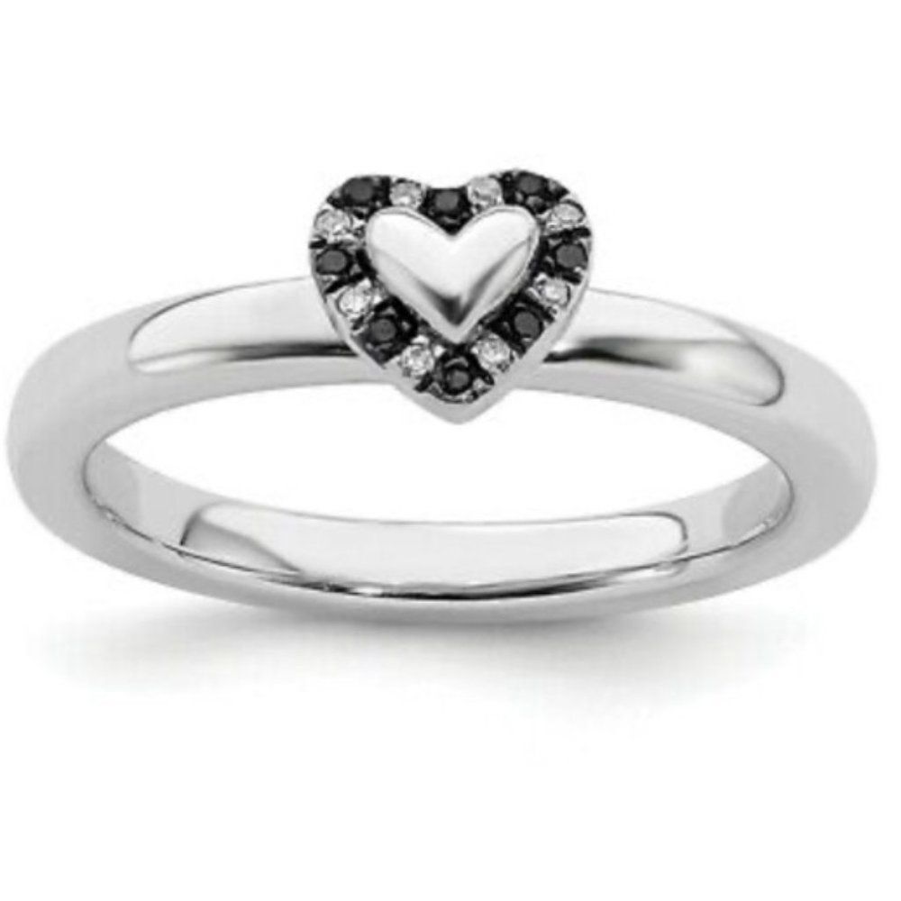 Sterling Silver Rhodium Plated Black & White Diamond Stackable Heart Ring Sz 10